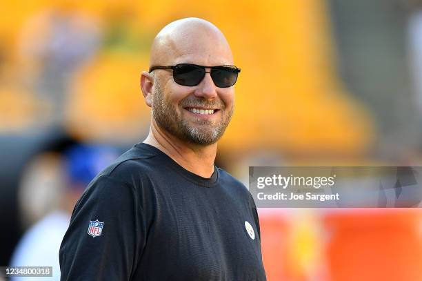 Offensive coordinator Matt Canada of the Pittsburgh Steelers looks on prior to the game against the Detroit Lions at Heinz Field on August 21, 2021...