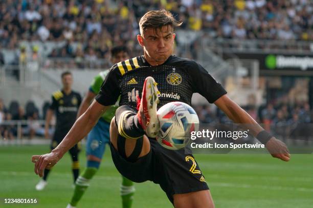 Miguel Berry of Columbus Crew controls the ball during the game between the Columbus Crew and the Seattle Sounders at Lower.com Field in Columbus,...