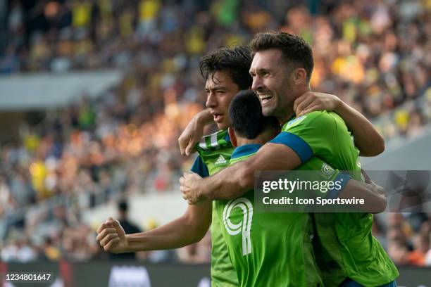 Will Bruin of Seattle Sounders celebrates a goal with his teammates during the game between the Columbus Crew and the Seattle Sounders at Lower.com...