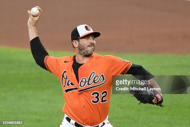 Matt Harvey of the Baltimore Orioles pitches in the first inning during a baseball game against the Atlanta Braves at Oriole Park at Camden Yards on...
