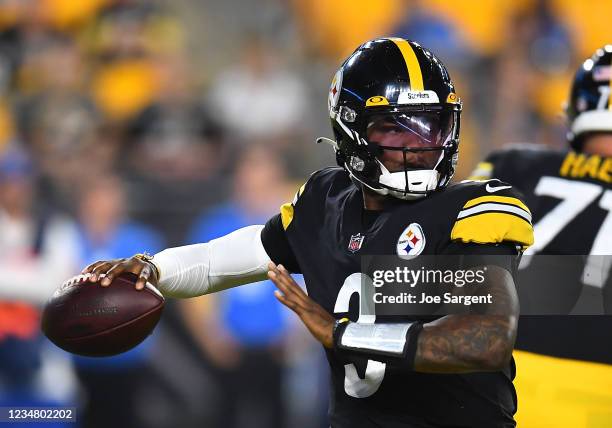 Dwayne Haskins of the Pittsburgh Steelers looks to pass during the fourth quarter against the Detroit Lions at Heinz Field on August 21, 2021 in...