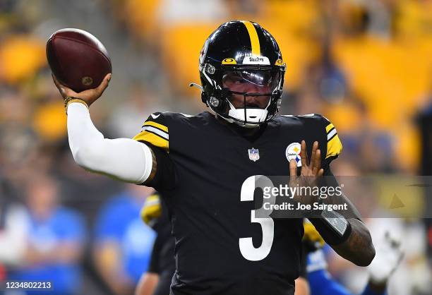 Dwayne Haskins of the Pittsburgh Steelers looks to pass during the fourth quarter against the Detroit Lions at Heinz Field on August 21, 2021 in...