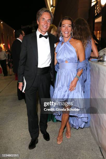 Karl-Heinz Grasser and his wife Fiona Swarovski at the premiere of "Tosca" during the Salzburg Opera Festival 2021 at grosses Festspielhaus on August...