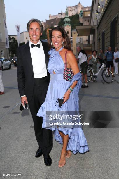 Karl-Heinz Grasser and Fiona Swarovski at the premiere of "Tosca" during the Salzburg Opera Festival 2021 at grosses Festspielhaus on August 21, 2021...