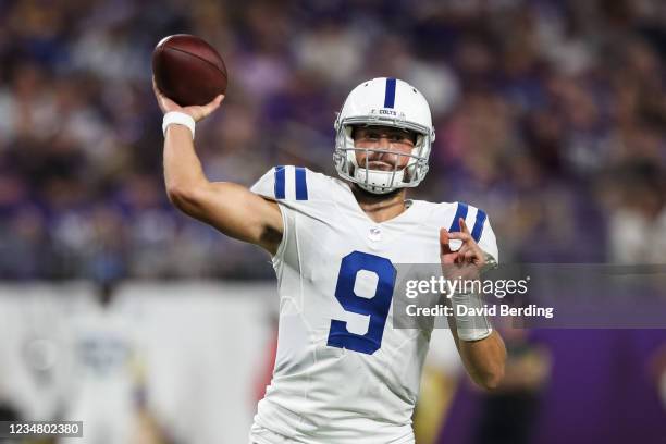 Jacob Eason of the Indianapolis Colts throws a pass against the Minnesota Vikings in the fourth quarter of a preseason game at U.S. Bank Stadium on...