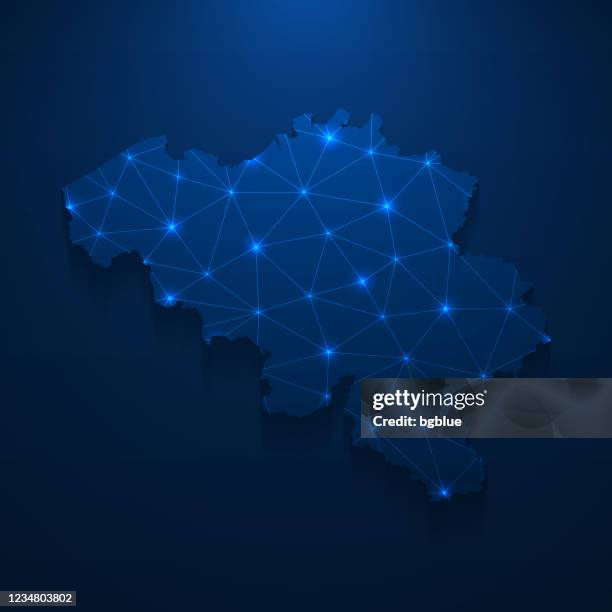 belgium map network - bright mesh on dark blue background - belgium border stock illustrations