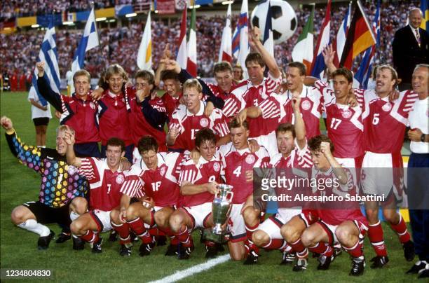 Denmark players celebrate the victory with the trophy after the Final UEFA EURO 1992 Sweden match between Denmark and Germany at Ullevi Stadion on 26...