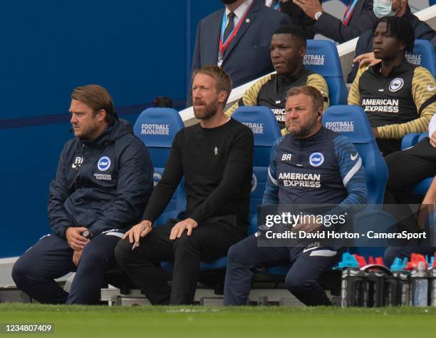 Brighton & Hove Albion 1st team coaching staff, Head Coach Graham Potter , Assistant Head Coach Billy Reid and First-Team Coach Bjorn Hamberg during...