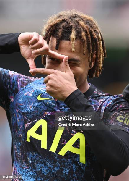 Dele Alli of Tottenham Hotspur celebrates scoring his goal during the Premier League match between Wolverhampton Wanderers and Tottenham Hotspur at...