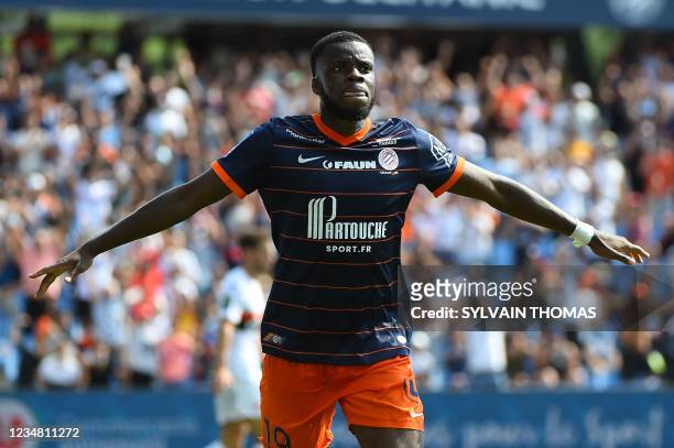 Montpellier's British forward Stephy Mavididi celebrates after scoring a goal during the French L1 football match between Montpellier Herault SC and...
