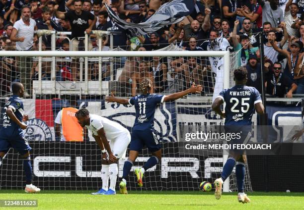 Bordeaux' s player French forward Mara Sekou celebrates after he scored the first goal for his team during the French L1 football match between FC...