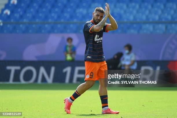 Montpellier's French forward Andy Delort reacts during the French L1 football match between Montpellier Herault SC and FC Lorient at the Mosson...
