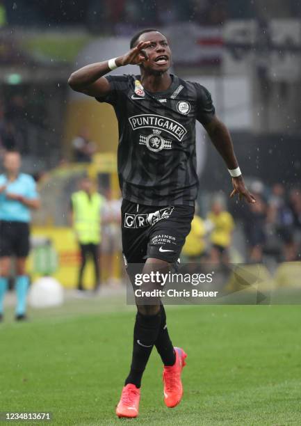 Goal celebration Kelvin Yeboah of Sturm Graz during the Admiral Bundesliga match between Sturm Graz and Austria Wien at Merkur Arena on August 22,...