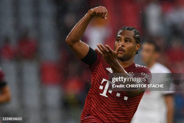 Bayern Munich's German midfielder Serge Gnabry celebrates scoring his team's second goal during the German first division Bundesliga football match...