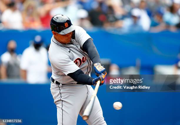 Miguel Cabrera of the Detroit Tigers hits his 500th career home run in the sixth inning during a MLB game against the Toronto Blue Jays at Rogers...
