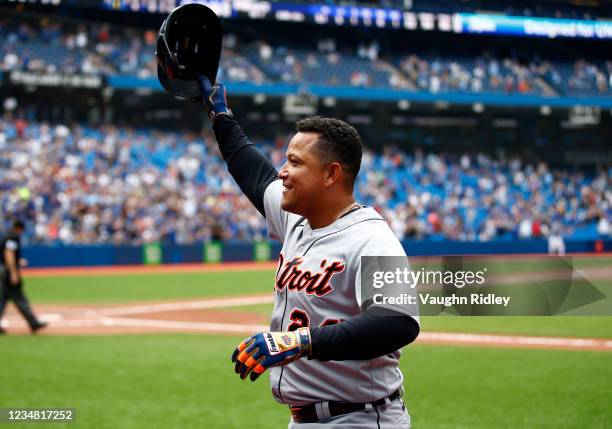 Miguel Cabrera of the Detroit Tigers celebrates after hitting his 500th career home run in the sixth inning during a MLB game against the Toronto...