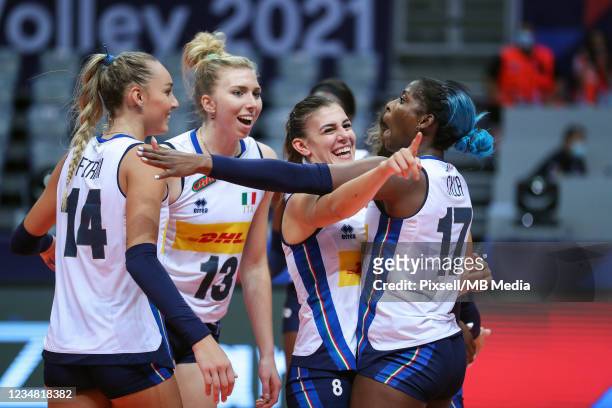 Italian volleyball players celebrate victory during the CEV EuroVolley 2021 Pool C match between Italy and Hungary at Kresimir Cosic Hall in Visnjik...