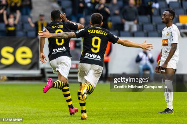 Bilal Hussein of AIK celebrates scoring the 2-0 goal during the Allsvenskan match between AIK and BK Hacken at Friends Arena on August 22, 2021 in...