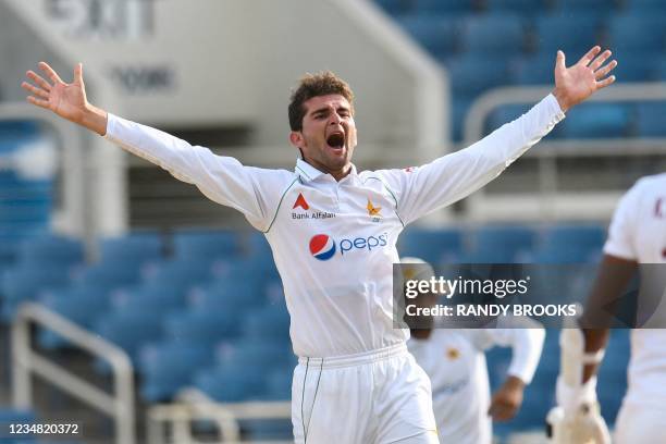 Shaheen Afridi of Pakistan celebrates the dismissal of Kieran Powell of West Indies during day 3 of the 2nd Test between West Indies and Pakistan at...