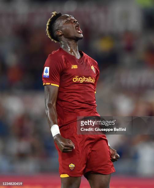 Tammy Abraham of AS Roma celebrates during the Serie A match between AS Roma and ACF Fiorentina at Stadio Olimpico on August 22, 2021 in Rome, Italy.