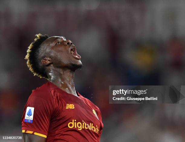 Tammy Abraham of AS Roma celebrates during the Serie A match between AS Roma and ACF Fiorentina at Stadio Olimpico on August 22, 2021 in Rome, Italy.