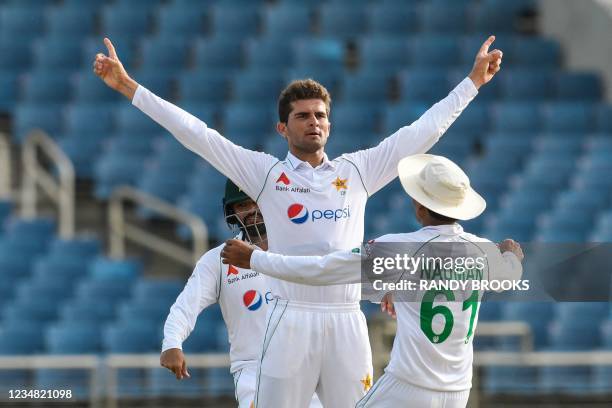 Shaheen Afridi of Pakistan celebrates the dismissal of Kraigg Brathwaite of West Indies during day 3 of the 2nd Test between West Indies and Pakistan...