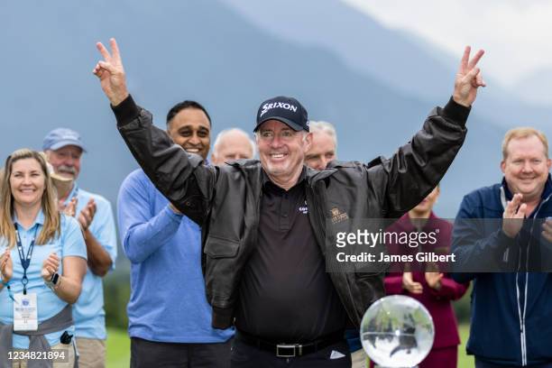 Rod Pampling of Australia celebrates on the 18th green after winning the final round of the Boeing Classic at The Club at Snoqualmie Ridge on August...