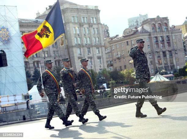 Moldovan soldiers partake in the rehearsal of the Kyiv Independence Day Parade on Khreshchatyk Street ahead of the 30th anniversary of Ukraine's...