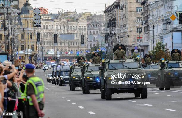 Ukrainian armored vehicles are seen during the rehearsal of the military parade for Independence Day in downtown Kiev. Ukrainians will celebrate the...