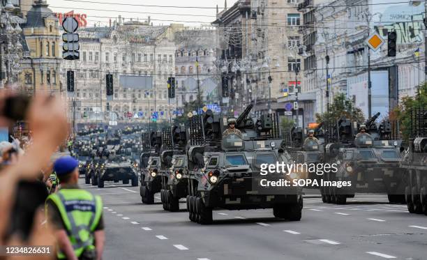 Ukrainian armored vehicles are seen during the rehearsal of the military parade for Independence Day in downtown Kiev. Ukrainians will celebrate the...