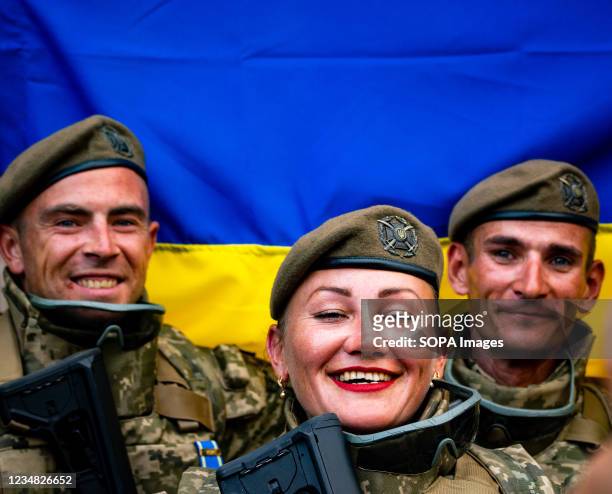 Ukrainian military participate during the rehearsal of the military parade which will take place on Independence Day.