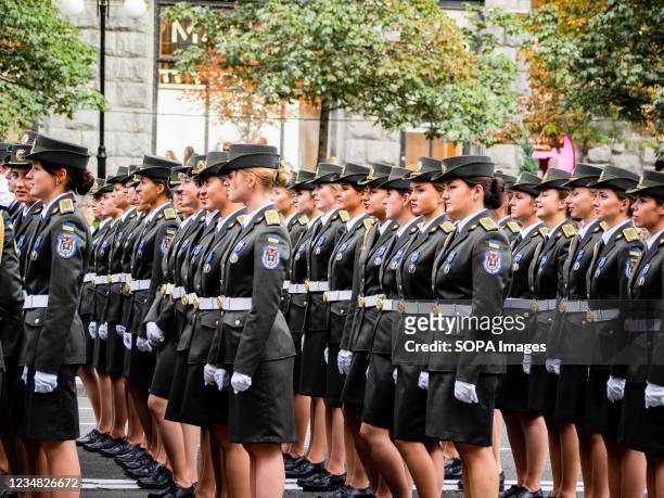 Ukrainian armed forces women units participate during the rehearsal of the military parade which will take place on the Independence Day.