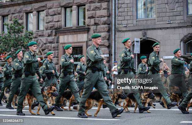 Ukrainian armed forces units participate during the rehearsal of the military parade for Independence Day in downtown Kiev. Ukrainians will celebrate...