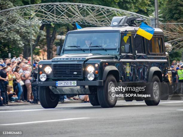 Ukrainian military vehicles drive in formation during the rehearsal of the military parade which will take place on the Independence Day.
