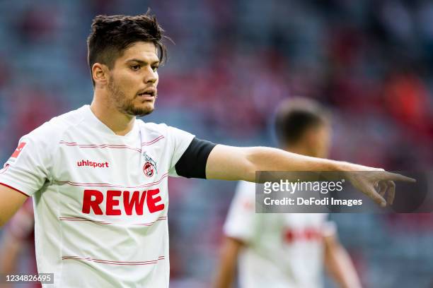 Jorge Mere of 1. FC Koeln gestures during the Bundesliga match between FC Bayern Muenchen and 1. FC Koeln at Allianz Arena on August 22, 2021 in...