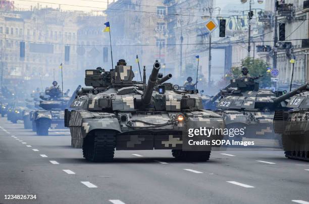 Ukrainian military tanks are seen during the rehearsal of the military parade for Independence Day in downtown Kiev. Ukrainians will celebrate the...