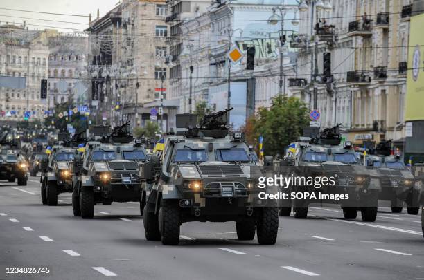 Ukrainian armored vehicles are seen during the rehearsal of the military parade for Independence Day in downtown Kiev. Ukrainians will celebrate the...