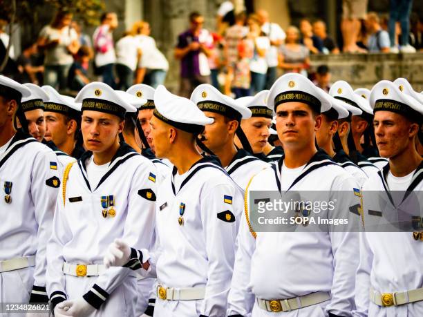 Ukrainian navy forces units participate during the rehearsal of the military parade which will take place on the Independence Day.