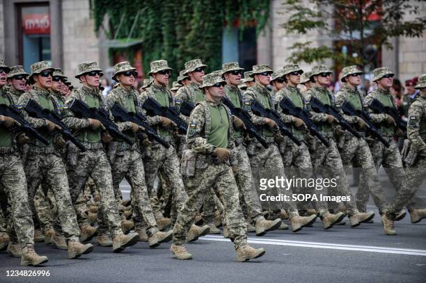 Ukrainian armed forces units participate during the rehearsal of the military parade for Independence Day in downtown Kiev. Ukrainians will celebrate...
