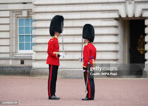 Members of the Nijmegen Company Grenadier Guards and the 1st Battalion the Coldstream Guards take part in the Changing of the Guard, which is taking...