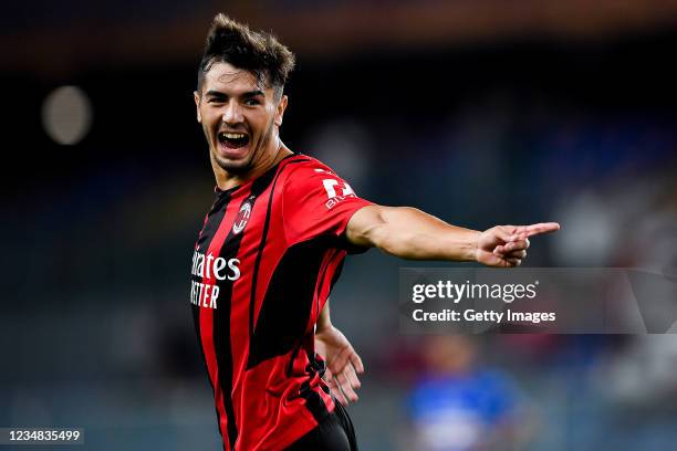 Brahim Diaz of Milan celebrates after scoring a goal during the Serie A match between UC Sampdoria and Ac Milan at Stadio Luigi Ferraris on August...