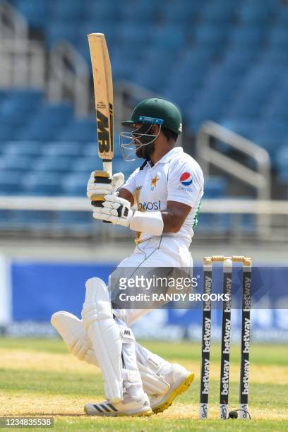 Imran Butt of Pakistan hits 4 during day 4 of the 2nd Test between West Indies and Pakistan at Sabina Park, Kingston, Jamaica, on August 23, 2021.