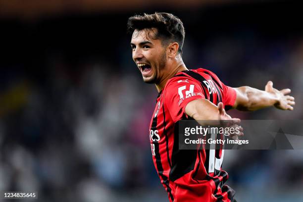 Brahim Diaz of Milan celebrates after scoring a goal during the Serie A match between UC Sampdoria and Ac Milan at Stadio Luigi Ferraris on August...