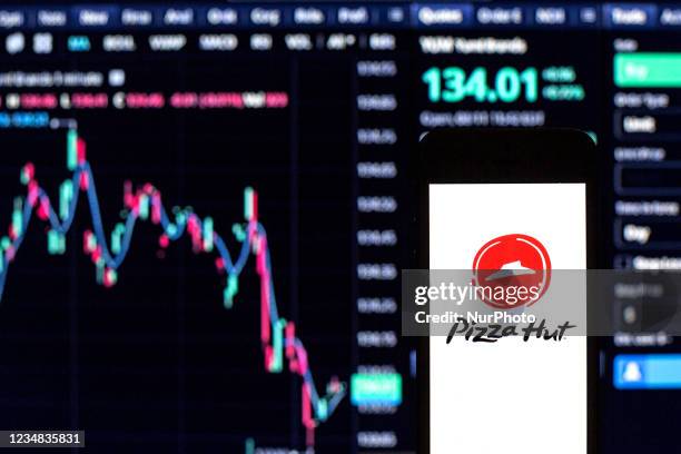 In this photo illustration a Pizza Hut logo seen displayed on a smartphone with the stock market information of Yum! Brands in the background.