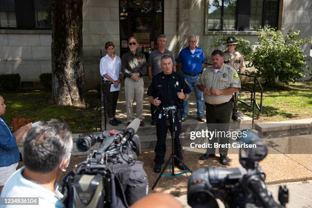 Waverly, Tennessee police chief Grant Gillespie and Humphreys County Sheriff Chris Davis speak to media at a press conference on August 23, 2021 in...