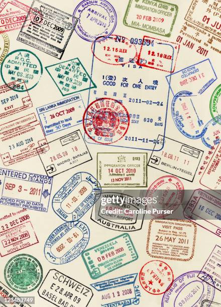 numerous visa stamps on a passport page - passport stamps stock-fotos und bilder