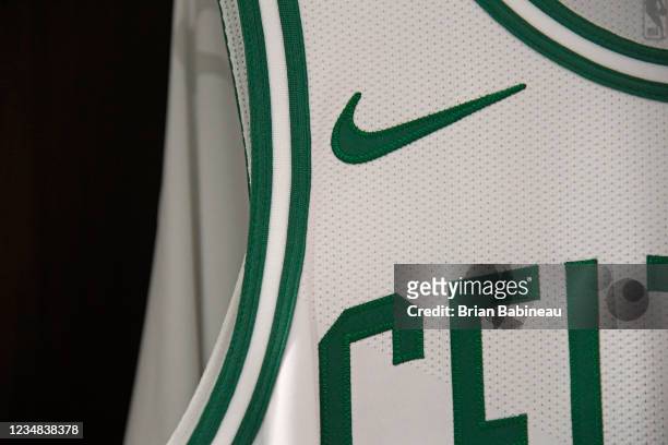 Detailed shot of the Nike logo on the Boston Celtics jersey pictured before the game against the Houston Rockets on April 2, 2021 at the TD Garden in...