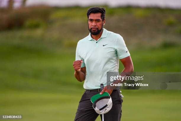 Tony Finau reacts to winning in a playoff during the weather delayed final round of THE NORTHERN TRUST at Liberty National Golf Club on August 23,...