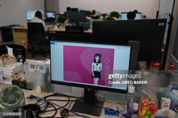 This photo taken on July 5, 2021 shows a cartoon image of XiaoIce, a cutting-edge artificial intelligence system designed to create emotional bonds...