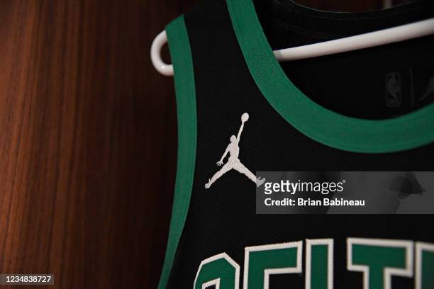 Detailed shot of the Air Jordan logo on the Boston Celtics jersey pictured before the game against the Houston Rockets on April 2, 2021 at the TD...